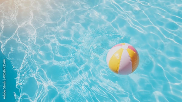 Obraz Luksusowy basen z krystalicznie czystą wodą, na której unosi się kolorowa piłka plażowa.