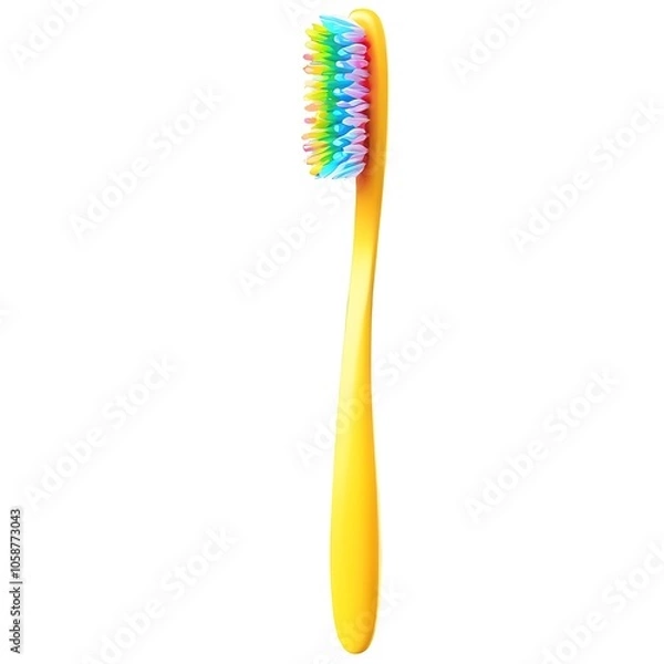 Fototapeta A yellow toothbrush with rainbow bristles isolated on a white background.