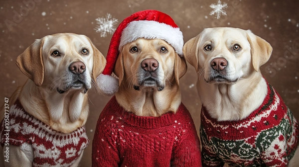 Fototapeta Three Labrador Retrievers wearing festive sweaters, one with a Santa hat, posing together against a snowy Christmas backdrop.