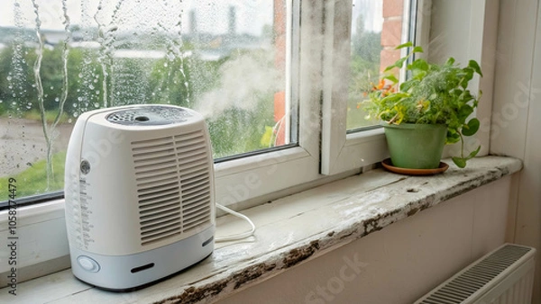 Fototapeta A small white appliance with a vent expels a stream of vapor in a room with a rain-streaked window and a potted plant on the windowsill.