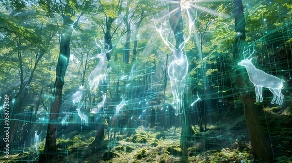 Fototapeta Surreal photography of a forest landscape where towering, translucent AI holograms of trees and wildlife blend seamlessly with real nature