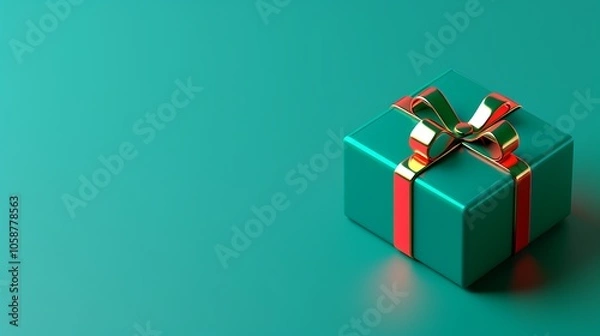 Fototapeta 3D Festive Green Gift Box with Red Ribbon on a Solid Background