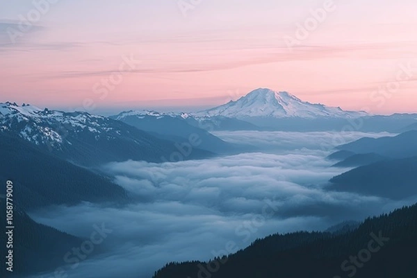 Fototapeta View of the mountain range with snow on top, soft pink sky.
