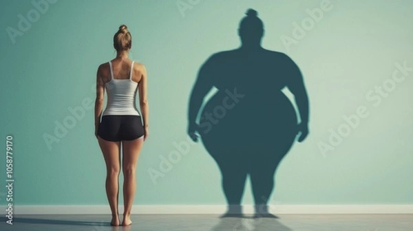 Fototapeta A woman stands in front of the wall, her shadow casting another, fuller figure, symbolizing the disturbances of body image and perception.
