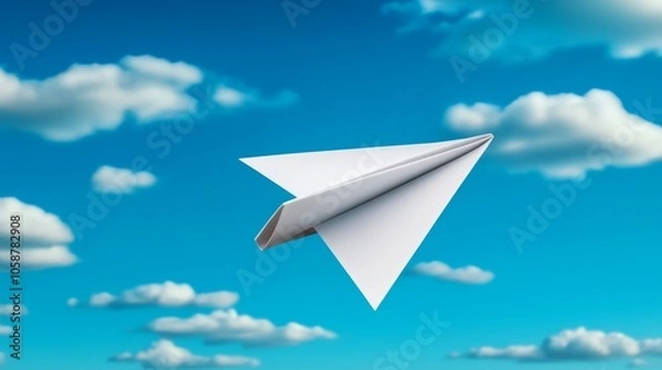 Fototapeta Paper airplane is flying through the sky above a cloudy blue sky. Concept of freedom and adventure, as the paper airplane soars through the air with ease. clouds in the background add a sense of depth