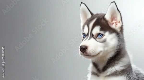Fototapeta A close-up of a husky puppy with striking blue eyes.