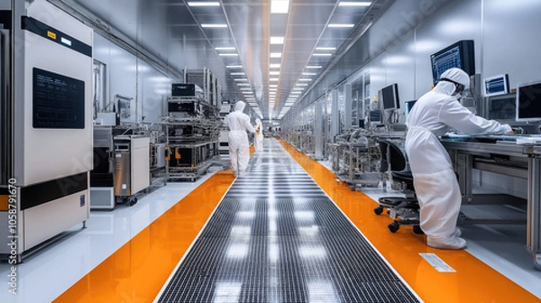Fototapeta Interior of a cleanroom in a semiconductor manufacturing facility with technicians in protective suits working at computer stations and overseeing equipment.