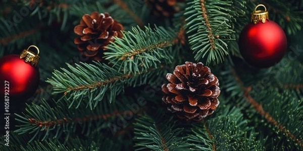 Fototapeta Branches of a Christmas tree are decorated with vibrant red baubles and natural pine cones for a festive and holiday inspired look.