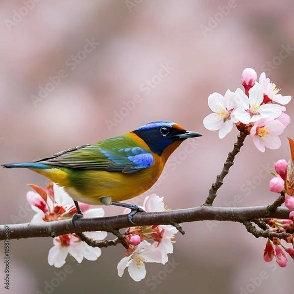 Fototapeta Vibrant bird perched on a flowering branch in soft focus