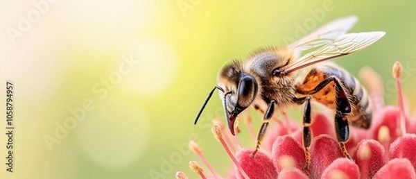 Fototapeta  A bee up close on a flower with a blurred background