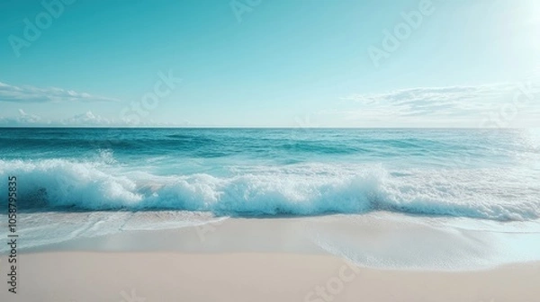 Fototapeta Beautiful white sand beach with turquoise sea waves under a clear blue sky, creating a serene environment perfect for relaxation and ideal for adding a personal touch in the copy space.