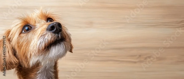 Fototapeta  A tight shot of a poised canine gaze, fixed on an object above, against a hazy wooden backdrop