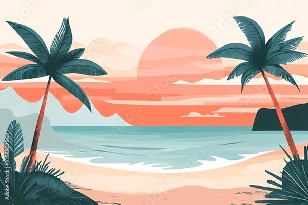 Fototapeta Tropical beach sunset with palm trees and a flat sea, a vector illustration in a cartoon style
