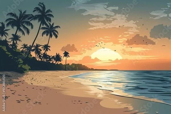 Fototapeta Tropical beach sunset with palm trees and a flat sea, a vector illustration in a cartoon style