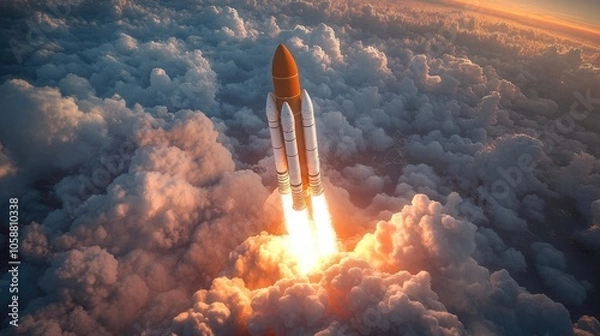 Fototapeta A vibrant 3D image of a white and orange rocket taking off, leaving behind clouds and smoke, embodying the spirit of innovation and space exploration for startups and tech projects