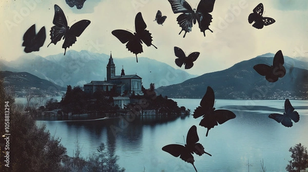 Fototapeta collage-style photo of butterflies flying over the lake in the hills