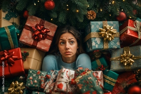 Fototapeta Tired lost woman lying in a mountain of Christmas presents, top view. Concept: New Year, stress from preparations, overload of work