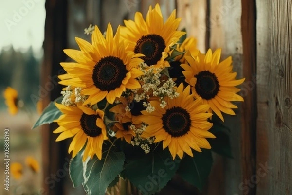 Fototapeta A vase filled with bright yellow sunflowers sits next to a rustic wooden fence, perfect for garden or outdoor-themed images