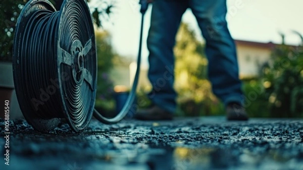 Fototapeta A low-angle view of someone unrolling the garden hose from the reel, with the background softly blurred for action.