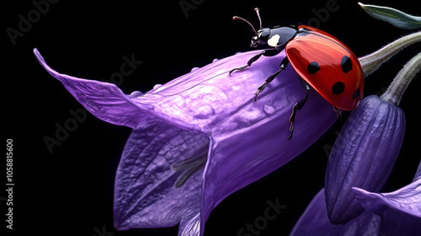 Fototapeta ladybug on a purple bell flower, realistic, close-up, on a black background