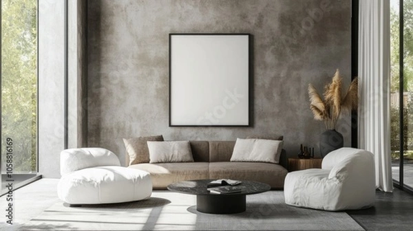 Fototapeta Minimalist modern living room design featuring a mockup frame. This minimalist modern living room offers a serene ambiance with ample space for creative mockup frame placement.