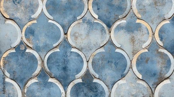 Fototapeta Vintage blue gray arabesque tile pattern featuring worn geometric circles creating a shabby ornate texture for a cement wall backdrop or panorama