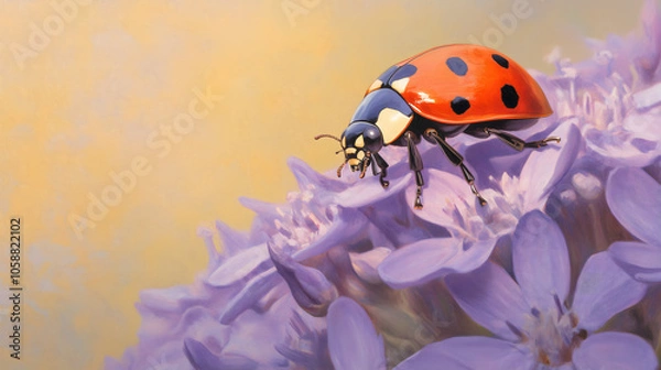 Fototapeta Ladybug on a purple flower, photorealistic image, Summer Sun