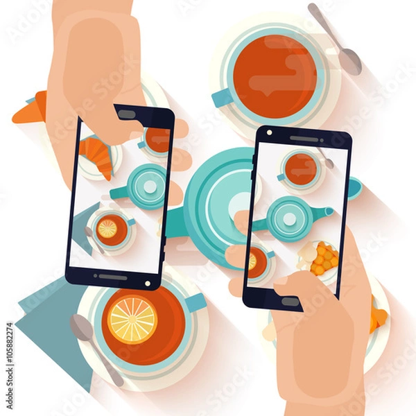 Fototapeta Hands making a smartphone photo of breakfast 