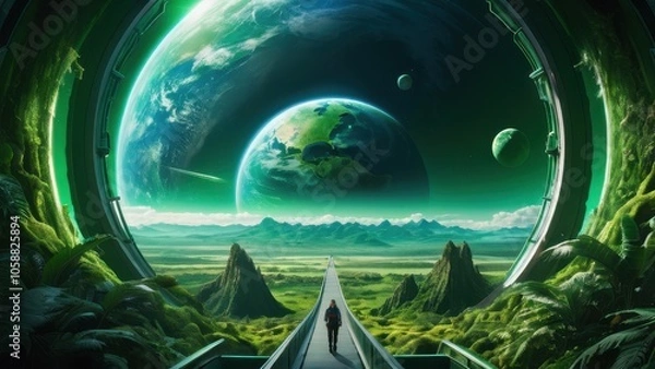 Fototapeta A stunning, surreal landscape featuring vibrant green earth and multiple celestial bodies in the sky, showcasing an otherworldly atmosphere and natural beauty