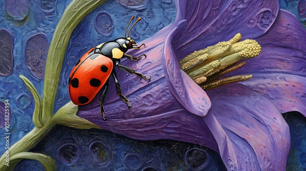 Fototapeta Ladybug on purple bellflower, close-up painted