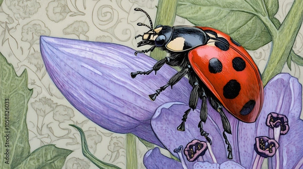 Fototapeta Ladybug on purple bellflower, close-up painted