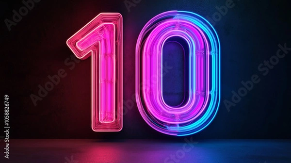 Fototapeta A bright and colorful neon number ten in vibrant pink and blue hues, glowing prominently against a dark background, creating a striking visual contrast and modern appeal.