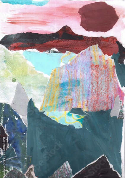 Fototapeta Paper collage of abstract mountain landscape with red sun made in torn paper mosaic technique