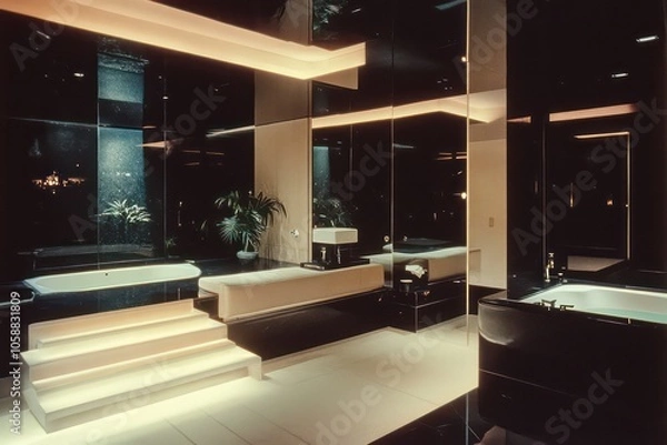 Obraz 1980s luxury interior in Miami, bathroom, night time, black and cream color palette, atmospheric, hidden lighting --ar 3:2 --style raw --v 6.1 Job ID: 1530aeab-2ec1-4bba-a257-3eb9318da610