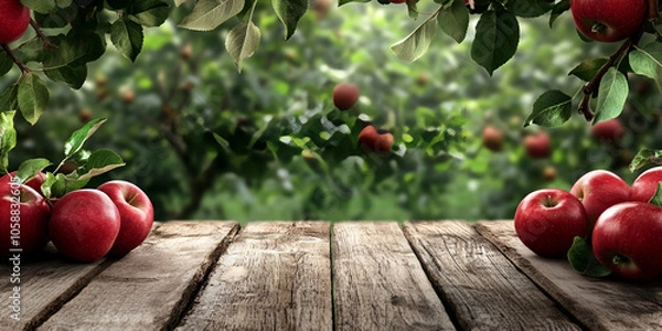 Fototapeta Wooden Table Displaying Fresh Red Apples and Green Leaves