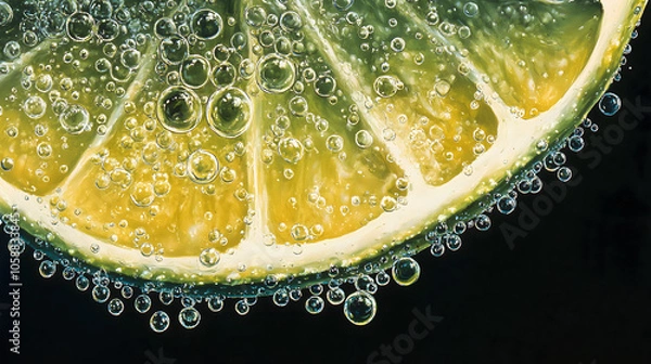 Fototapeta Lithograph print of a lime slice with bubbles, against a black background