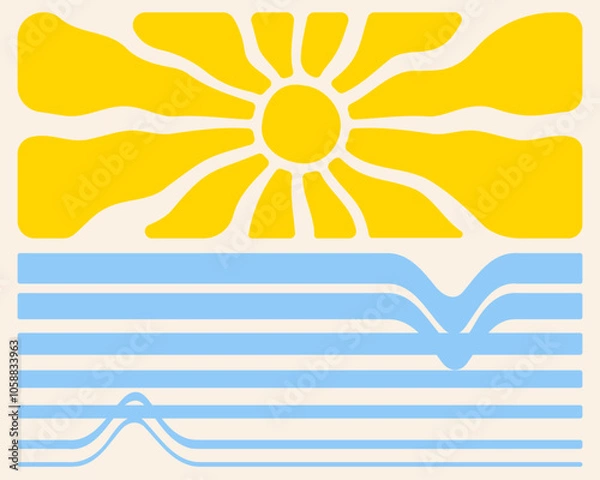 Obraz Sun groovy and sea waves. Geometric elements 60s-70s style. Retro design summer beach minimalist background. Vector illustration.
