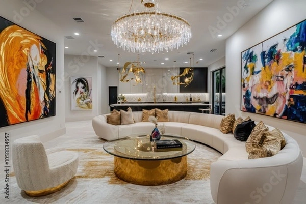 Obraz A beautiful living room with gold accents, a large round glass coffee table in the center of an elegant white and beige rug, a curved sofa facing wall art, a chandelier hanging from the ceiling