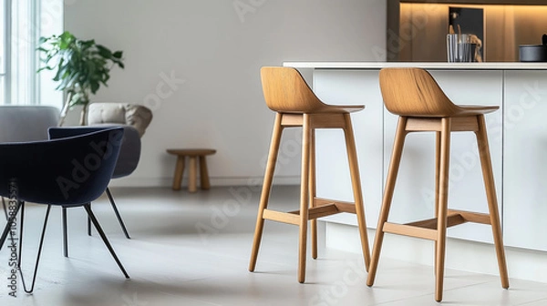 Fototapeta Modern home interior with wooden bar stools at kitchen counter, contemporary seating, green plant, and natural lighting