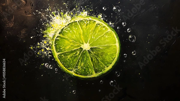 Fototapeta Oil painting of a lime, with a black background. The lime slice has green powder 