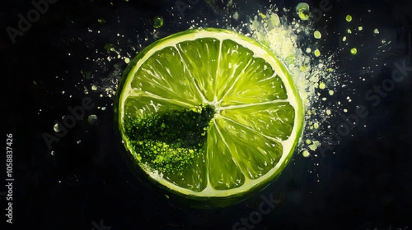 Fototapeta Oil painting of a lime, with a black background. The lime slice has green powder 