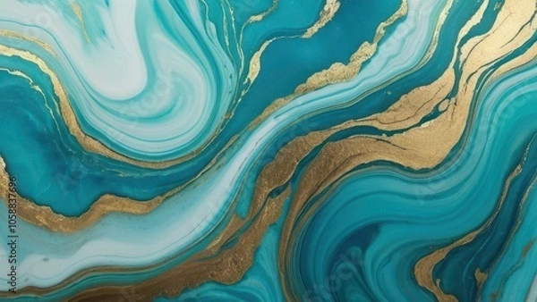 Fototapeta A stunning abstract artwork featuring flowing turquoise and gold waves. Perfect for modern decor and digital backgrounds