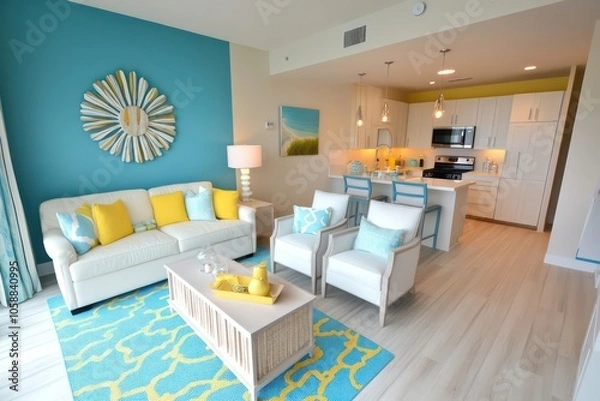 Obraz a colorful flordia condo interior design with white sandy influence, sea blue and subtle pops of yellow with vinyl plank floor 
