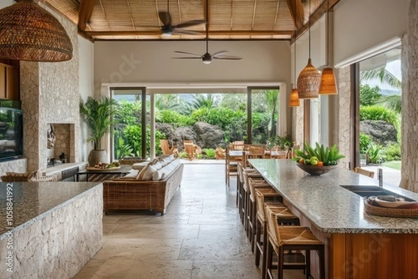 Obraz a contemporary organic interior for kitchen in a luxury home in Kauai. Vibe is tropical, zen and casual. Incorporates beautiful soft textures, subtle tribal patterns and prints