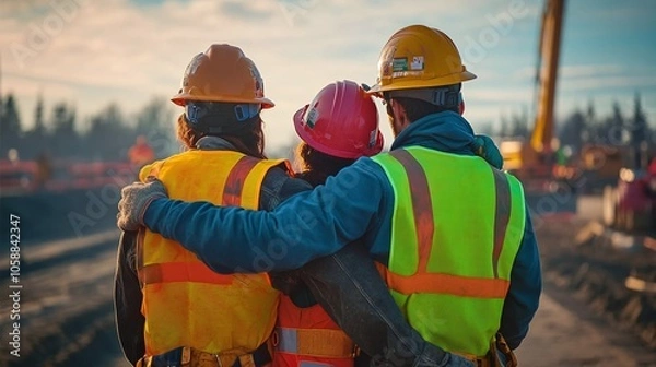 Fototapeta Three construction workers in high-visibility gear embrace on-site, symbolizing teamwork and professionalism in the construction industry. Perfect for themes of engineering, project collaboration.