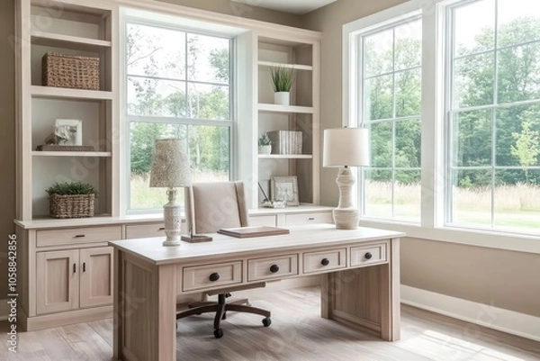 Fototapeta A delicate rustic home office design with a slightly modern touch, featuring light-colored cabinetry and soft, inviting details