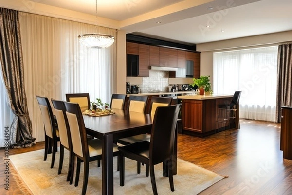 Fototapeta a dining room inside a luxurious residential apartment with a kitchennete in the background. 