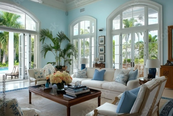 Fototapeta a high end home interior in south florida, room designs in an complimentary color scheme. The house has a refined, coastal feel with personality.