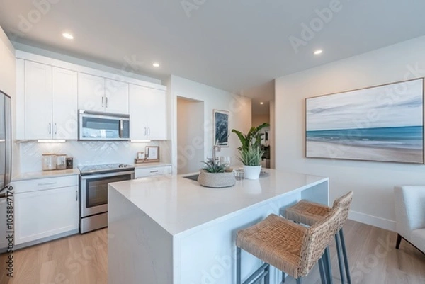 Obraz a high res photo of a white mordern kitchen with countertop and island , close up shoot of gray quartz countertop