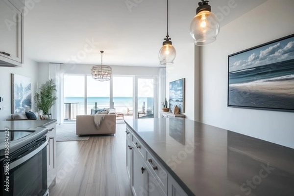 Obraz a high res photo of a white mordern kitchen with countertop and island , close up shoot of gray quartz countertop